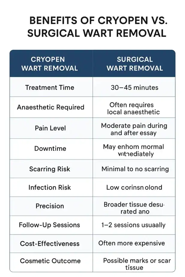 Table showing the benefits of cryopen to remove warts Luton compared to surgical treatment